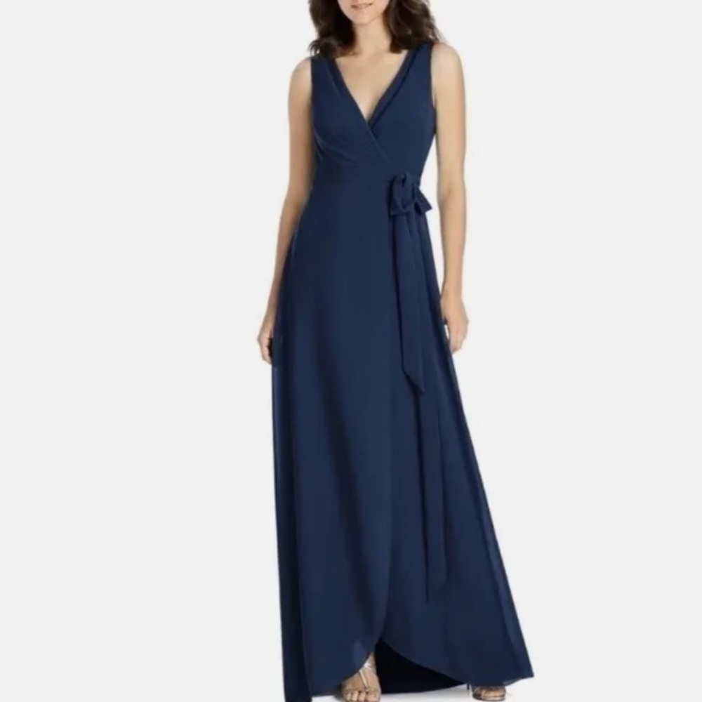 Jenny Packham Women’s Wrap Sleeveless Chiffon Gown Navy Evening Maxi 14